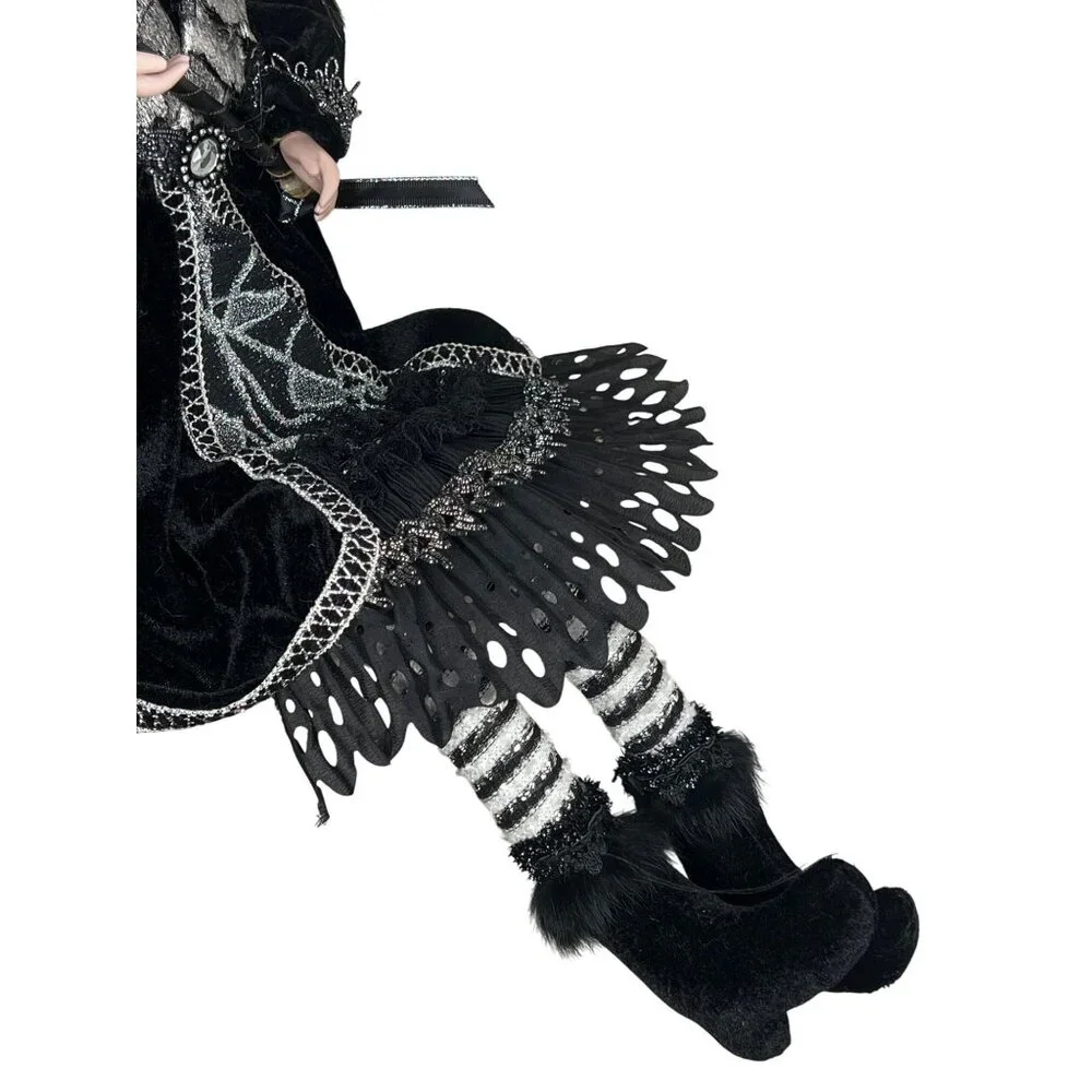Porcelain Witch Doll Black Silver Velvet Dress Broomstick Halloween Collectible